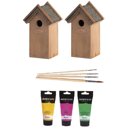 2x Wooden birdhouses 22 cm with 3x tubes of paint pink/yellow/green