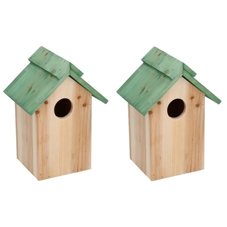 2x Houten vogelhuisje/nestkastje met groen dak 24 cm