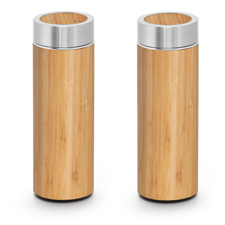 2x Vacuum thermos flasks 430 ml bamboo wood with tea strainer