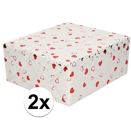 2x Wrapping foil metallic white with red hearts 70 x 150 cm