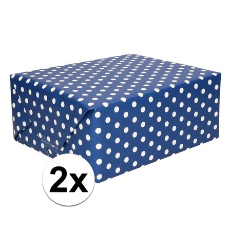 2x Inpakpapier/cadeaupapier blauw met stippen 200 x 70 cm rollen