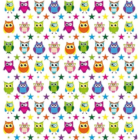 2x Wrapping paper white with coloured owls 70 x200 cm