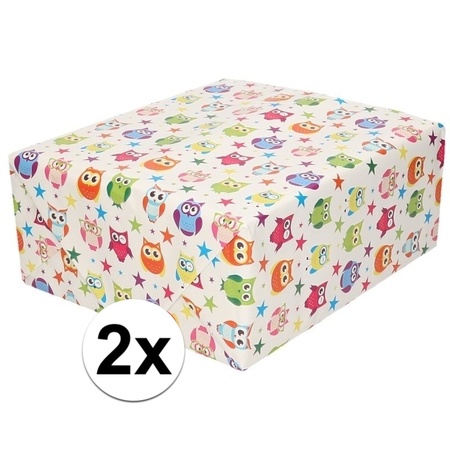 2x Wrapping paper white with coloured owls 70 x200 cm