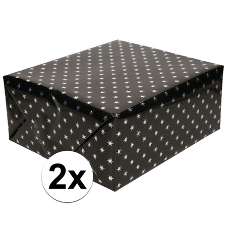2x Wrapping paper holografic black with silver stars 70 x150 cm