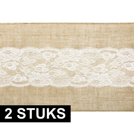 2x Burlap table runners 28 x 275 cm with white lace