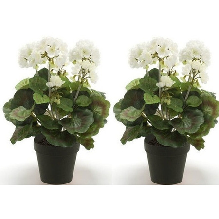 2x Kunstplant Geranium wit in zwarte pot 35 cm 