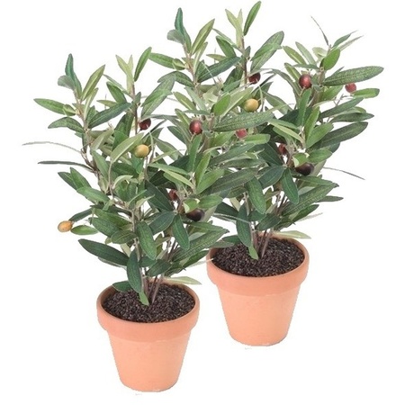 2x Kunstplant olijfboompje groen in terracotta pot 35 cm 