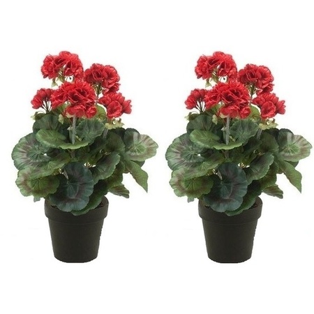 2x Kunstplanten Geranium rood in zwarte pot 35 cm 