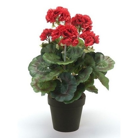 2x Kunstplanten Geranium rood in zwarte pot 35 cm 