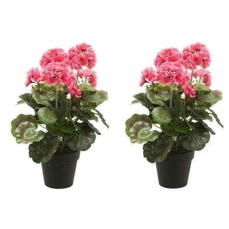 2x Artificial Geranium plant pink in black pot 35 cm 