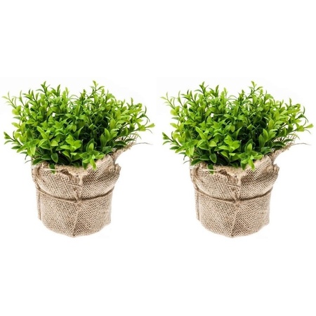 2x Kunstplanten tuinkers kruiden groen in jute pot 16 cm 