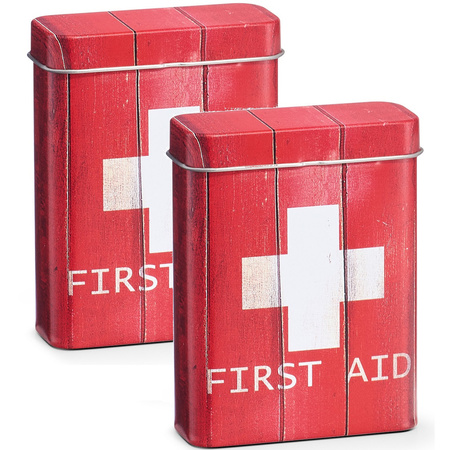2x Metal band aid storageboxes/tins red 7 x 9,5 cm
