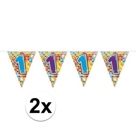 2x Mini vlaggenlijn / slinger verjaardag versiering 1 jaar