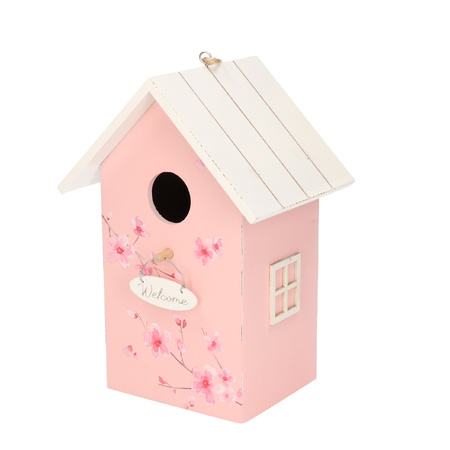 2x Nestkast/vogelhuisje hout roze met wit dak 15 x 12 x 22 cm