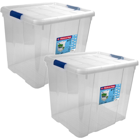 2x Opbergboxen/opbergdozen met deksel 35 liter kunststof transparant/blauw
