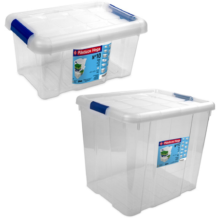 2x Opbergboxen/opbergdozen met deksel 5 en 35 liter kunststof transparant/blauw