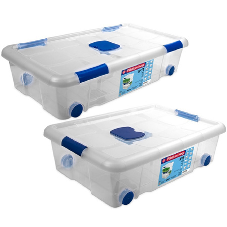 2x Opbergboxen/opbergdozen met deksel en wieltjes 30 en 31 liter kunststof transparant/blauw