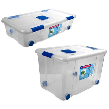 2x Opbergboxen/opbergdozen met deksel en wieltjes 31 en 55 liter kunststof transparant/blauw