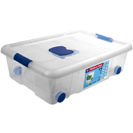 2x Opbergboxen/opbergdozen met deksel en wieltjes 31 liter kunststof transparant/blauw