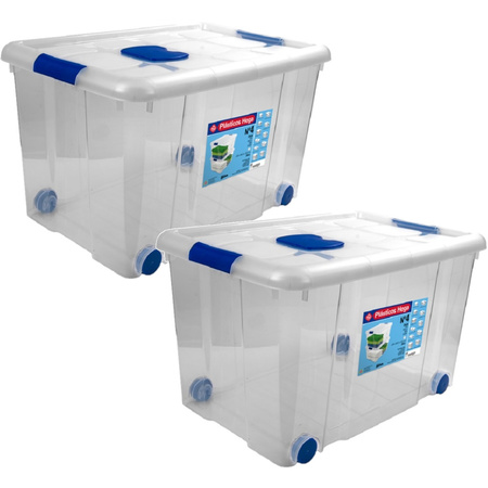 2x Opbergboxen/opbergdozen met deksel en wieltjes 55 liter kunststof transparant/blauw
