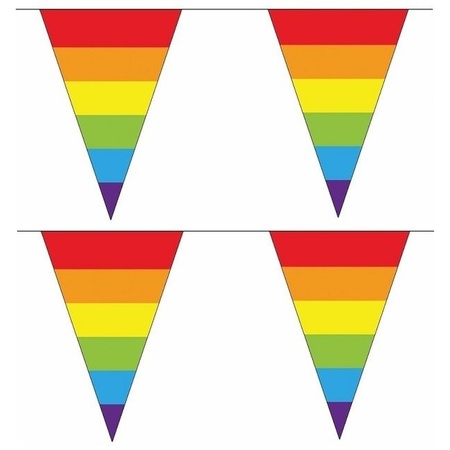 2x Polyester vlaggenlijnen regenboog vlaggetjes 2 x 20 meter