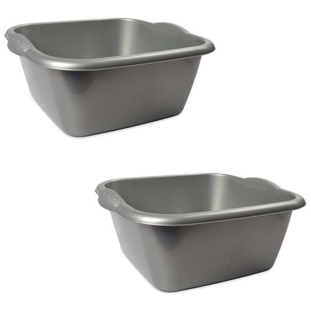 2x Rectangular dish wash bins/buckets silver 3 liters 25 x 10 cm