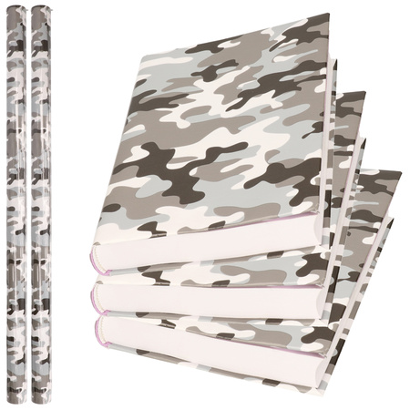 2x Rollen kadopapier / schoolboeken kaftpapier camouflage grijs 200 x 70 cm