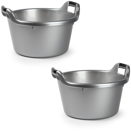 2x Round dish wash bin/bucket silver with handles 17 liters 45 x 26,5 cm