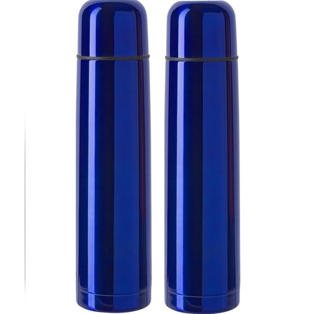 2x RVS thermosflessen/isoleerkannen 1 liter blauw