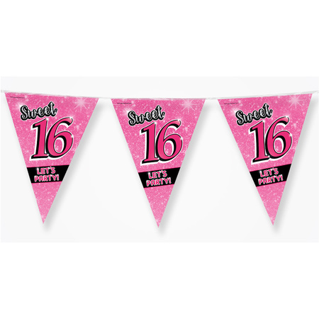 2x stuks 16 jaar vlaggenlijnen Sweet 16 roze 10 meter
