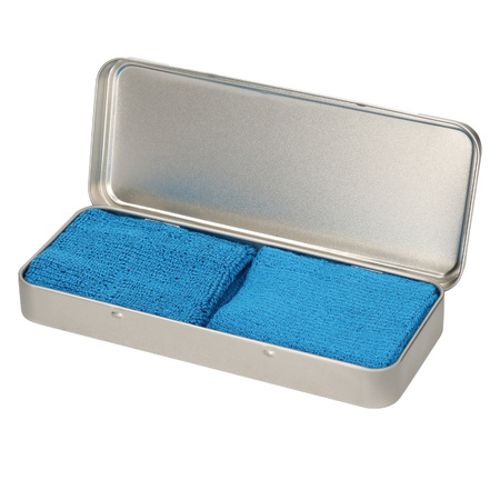 2x stuks aqua blauwe sport zweetbandjes in metalen opslag/bewaar doosje