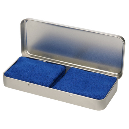 2x stuks blauwe sport zweetbandjes in metalen opslag/bewaar doosje