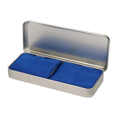 2x stuks blauwe sport zweetbandjes in metalen opslag/bewaar doosje