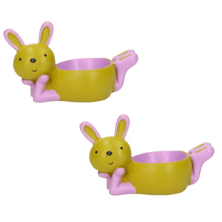2x stuks eierdopjes liggende konijn/haas groen/paars 10 x 6 cm
