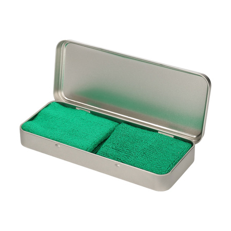 2x stuks groene sport zweetbandjes in metalen opslag/bewaar doosje