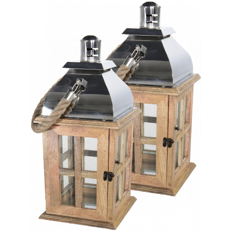 2x pieces wooden lantern with glass Solid 24 x 50 cm