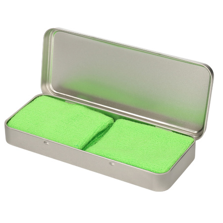 2x stuks lime groene sport zweetbandjes in metalen opslag/bewaar doosje