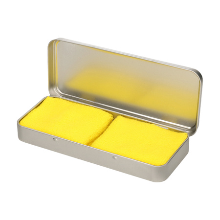 2x stuks neon gele sport zweetbandjes in metalen opslag/bewaar doosje