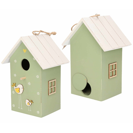 2x pieces hatchery/birdhouse wood green with white roof 15 x 12 x 22 cm