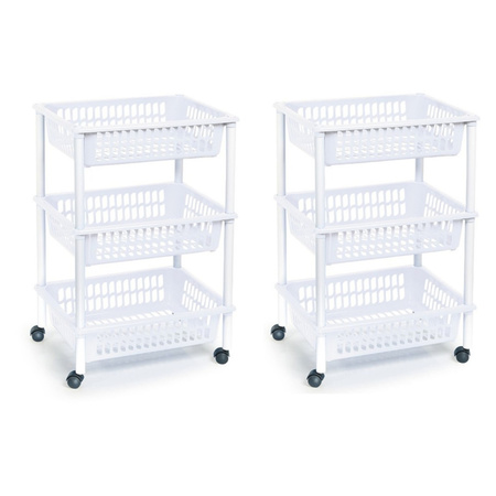 2x pieces storage trolley with 3 baskets 40 x 30 x 61.5 cm white/white