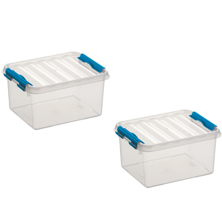 2x pieces storage boxes 2 liters 20 x 15 x 10 cm plastic transparent/blue
