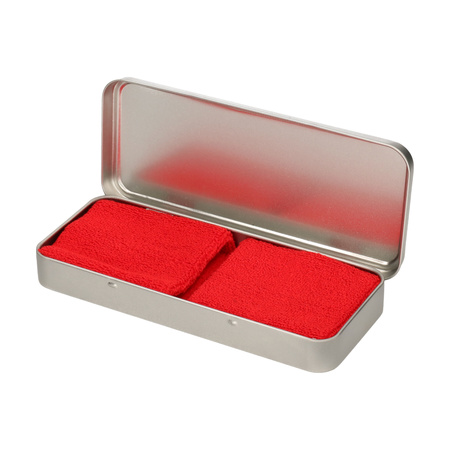 2x stuks rode sport zweetbandjes in metalen opslag/bewaar doosje