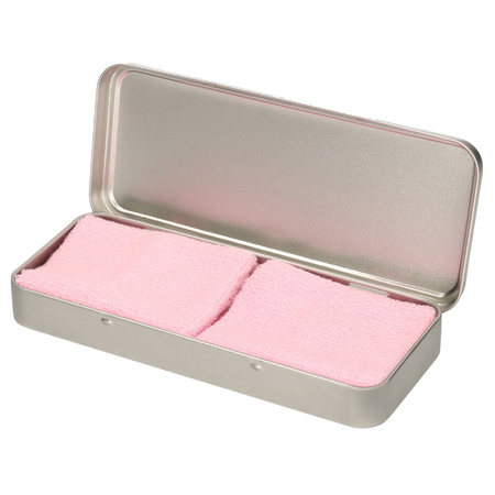 2x stuks roze sport zweetbandjes in metalen opslag/bewaar doosje 