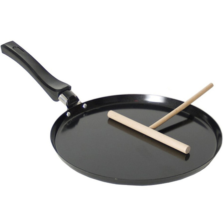 2x pieces black pancake/crepe pans 24 cm with non-stick coating and a wooden batter distributor