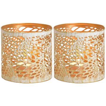 2x Metal Tealights/candle holders white/gold abstract wings pattern 11 cm