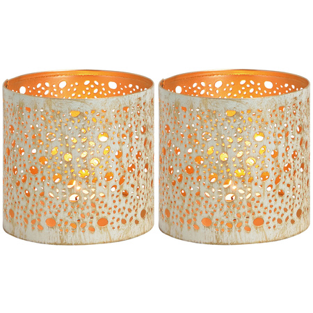 2x Metal Tealights/candle holders white/gold dots/drops pattern 11 cm