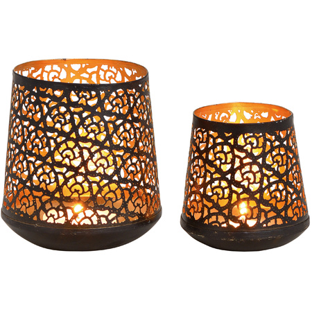 2x Tealights/candle holders lanterns black/gold 10 and 14 cm