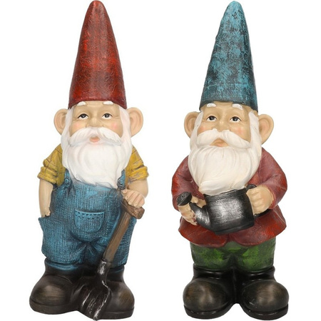 2x Garden gnome statues Harold/rake and Gerald/watering can 29 c