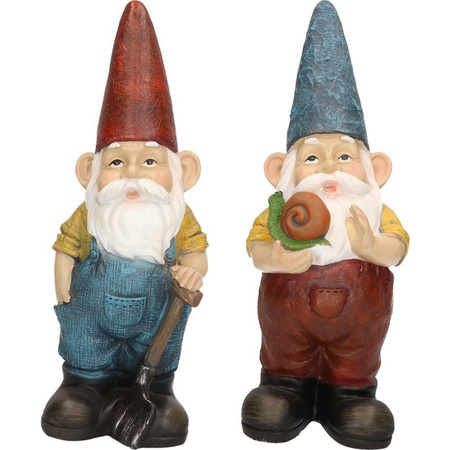 2x Garden gnome statues Harold/rake and Simon/snail 29 cm