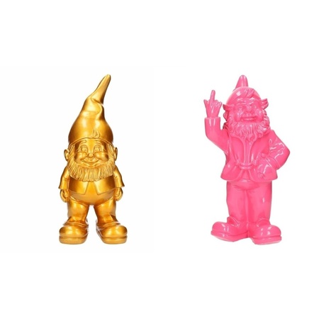 2x Garden gnomes gold/pink set 30 cm